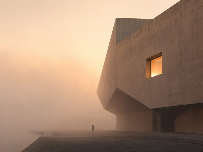 Brutalist architecture in fog