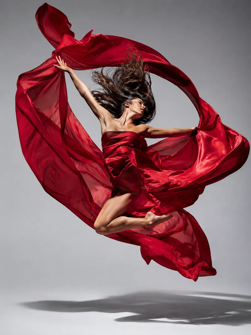 Dancer wrapped in flowing crimson silk