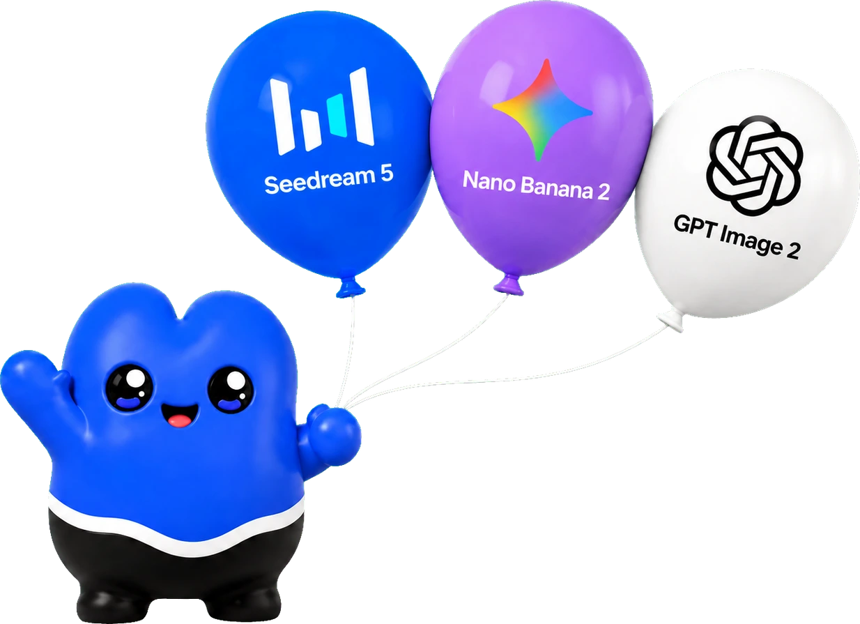 Kubeey holding Seedream 5, Nano Banana 2 and GPT Image 2 balloons