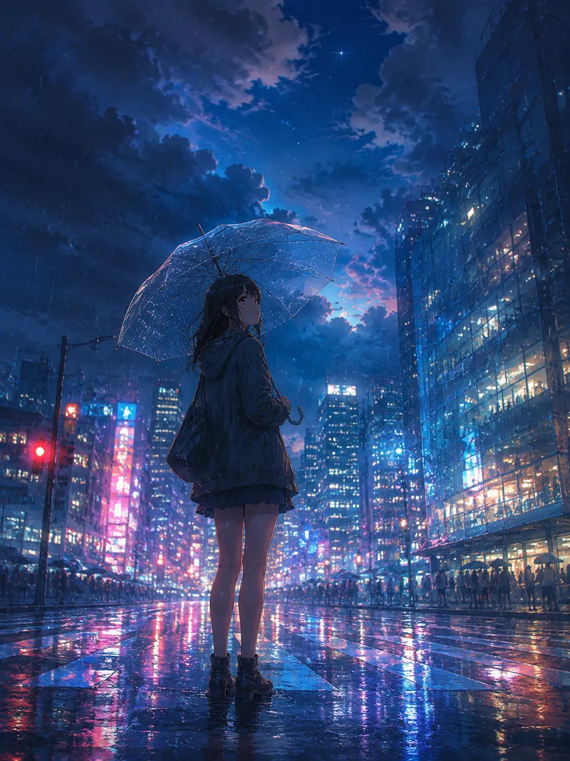 Anime night rain street scene