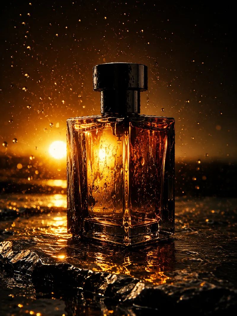 Backlit perfume bottle on wet slate