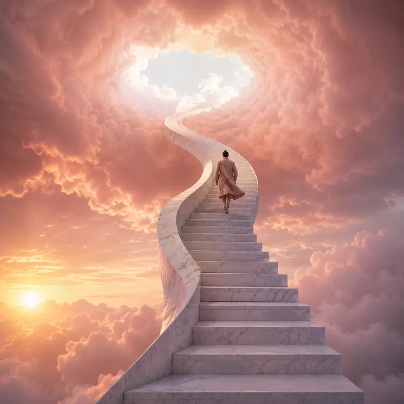 Surreal marble staircase in clouds