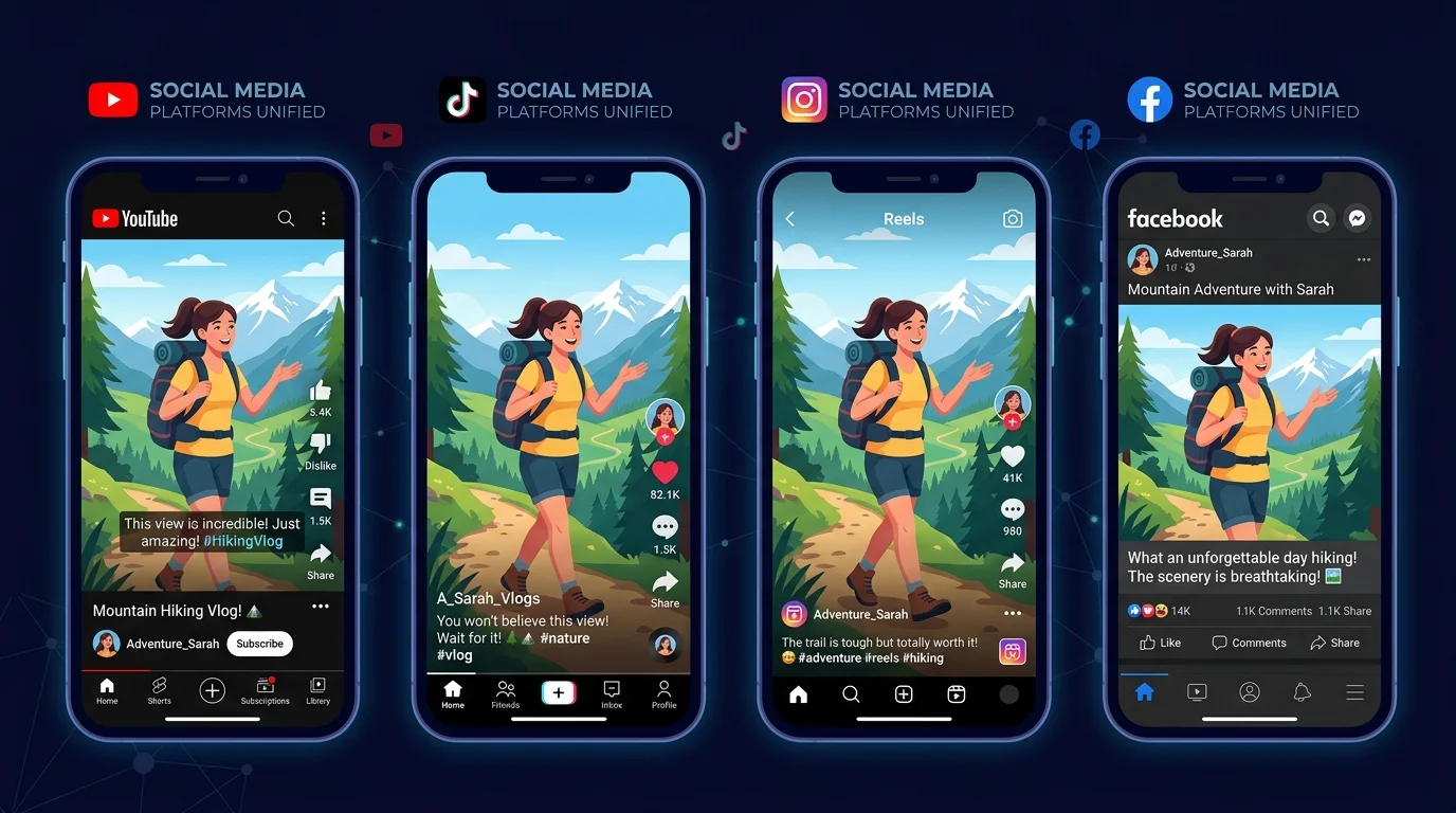 Multiple platform screens showing YouTube, TikTok, Instagram, and Facebook with captions
