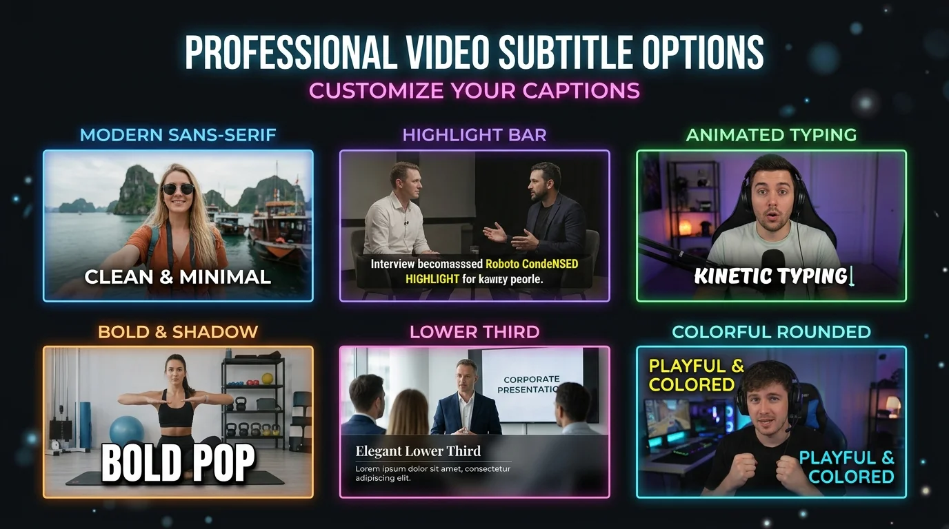 Six different caption style options showing fonts, colors, and animations