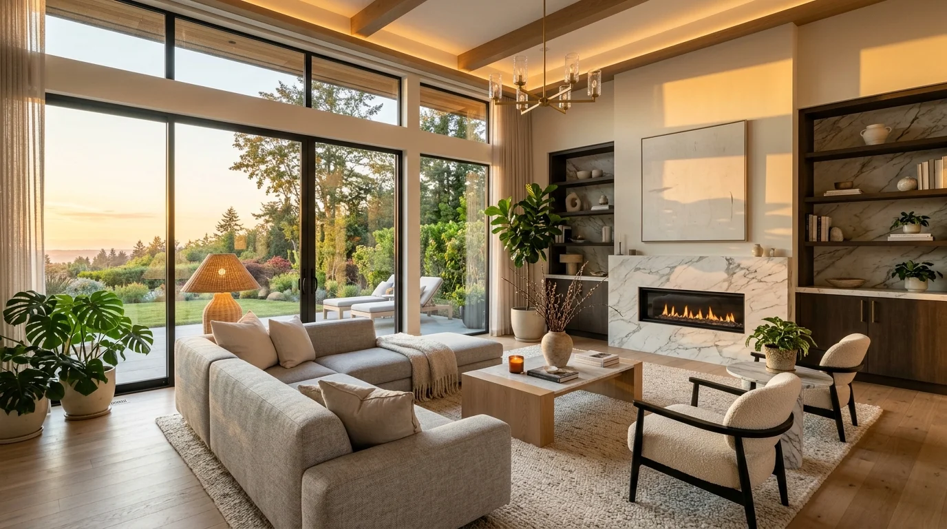 Randare interior fotorealist living modern de lux cu lumină naturală