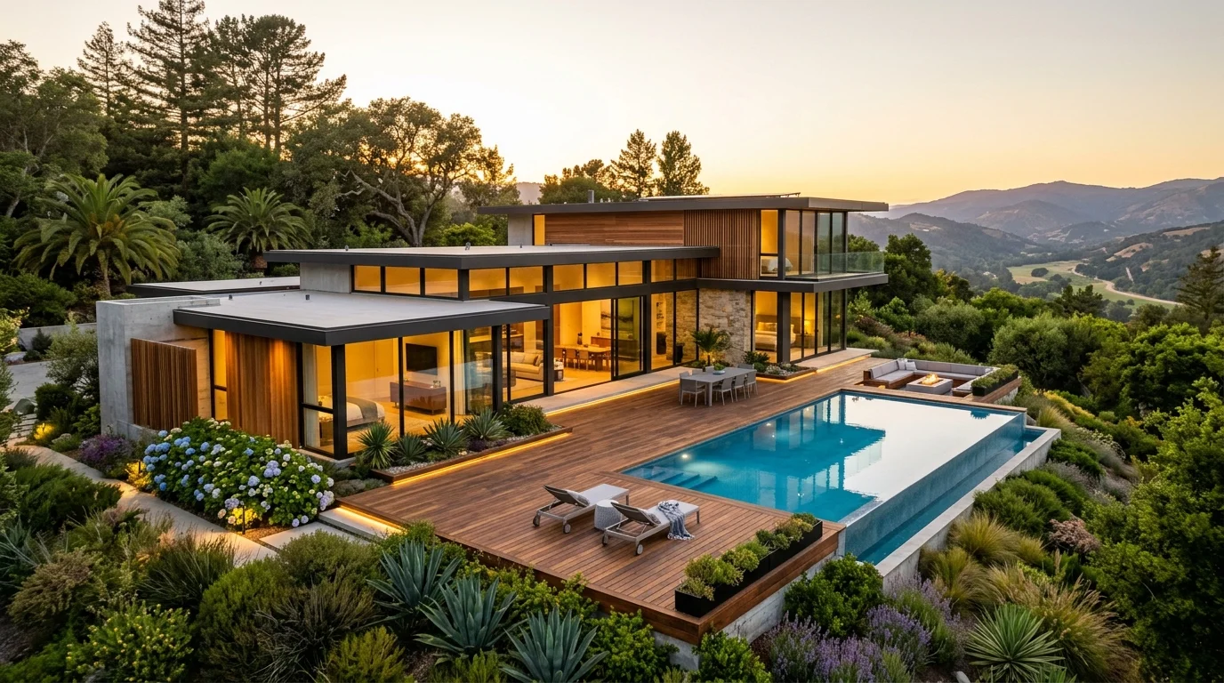 Randare exterior fotorealist casă de lux contemporană cu piscină infinity și peisagistică