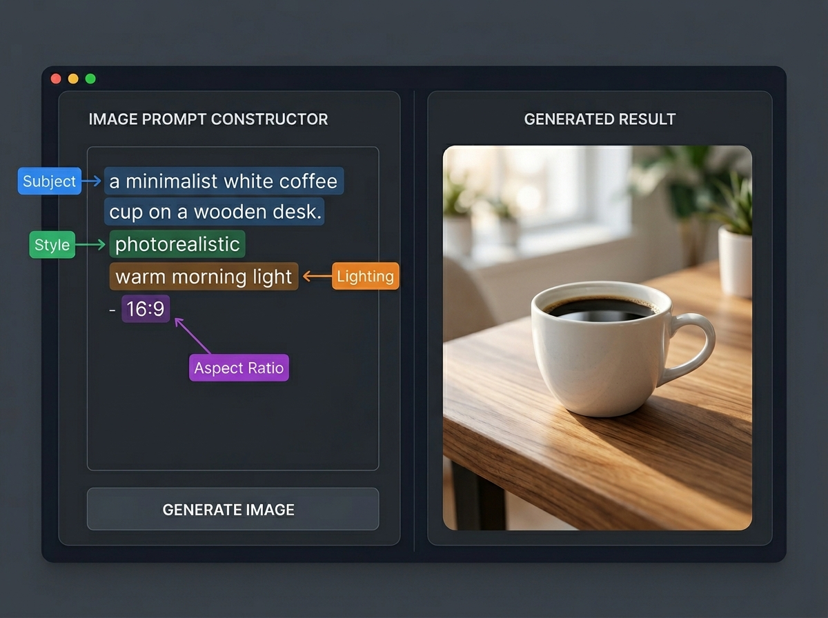 Prompt anatomy: color-coded prompt segments mapped to a generated product image