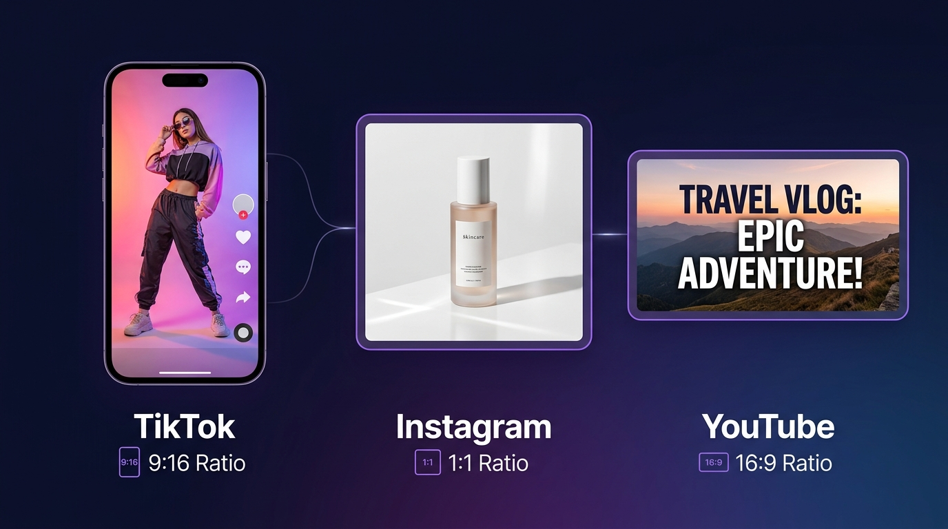 Three device frames showing the same image in 9:16, 1:1, and 16:9 formats with platform labels