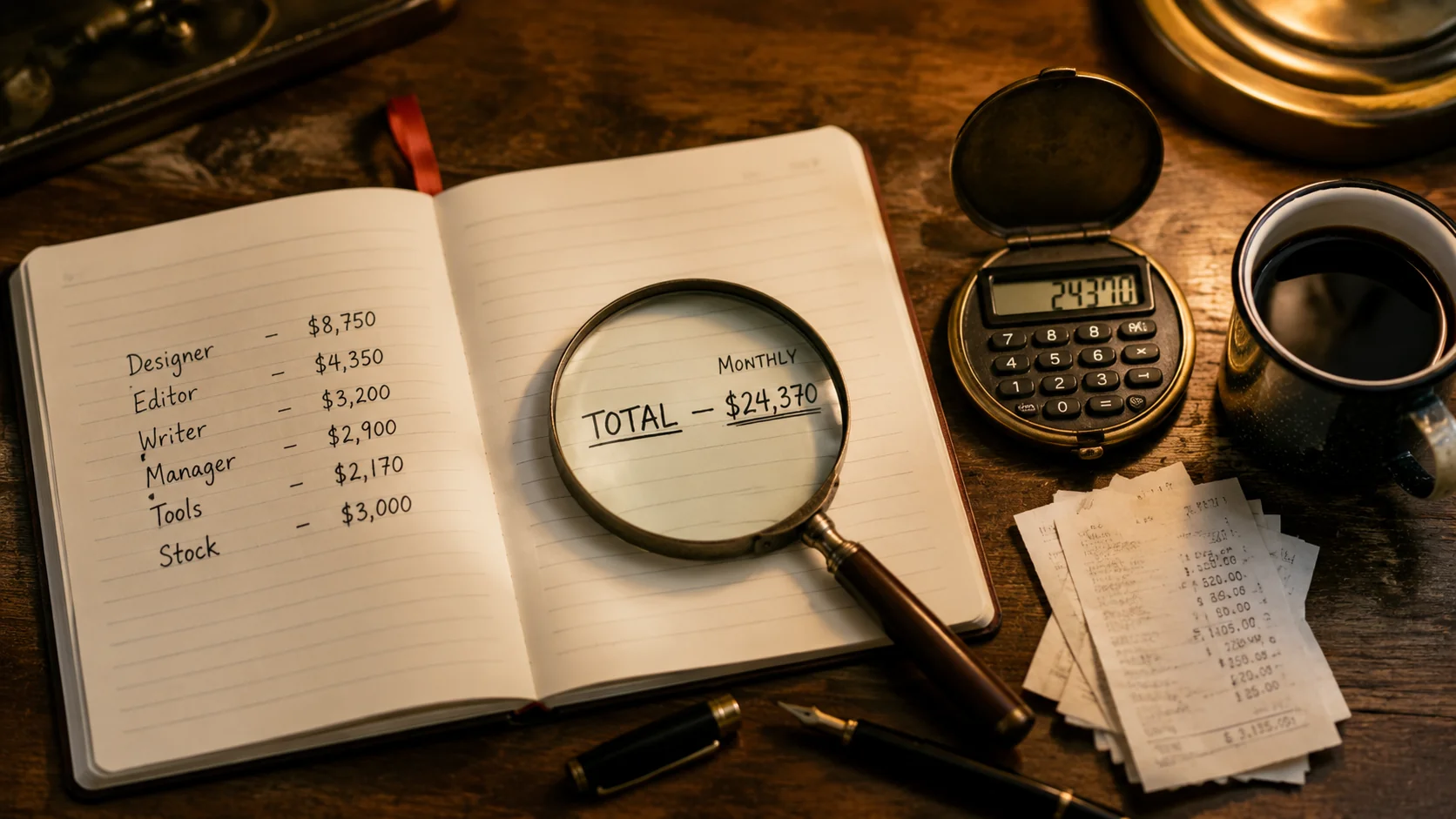 Editorial photograph of an open hardcover ledger notebook on a walnut desk, left page shows handwritten 2026 marketing line items DESIGNER 6800 mo VIDEO EDITOR 7400 mo COPYWRITER 3200 mo SOCIAL MEDIA MGR 6200 mo with TOTAL IN-HOUSE 24370 mo on the right page, brass calculator showing 24370, magnifying glass over the word TOTAL — illustrating the true cost of in-house marketing in 2026