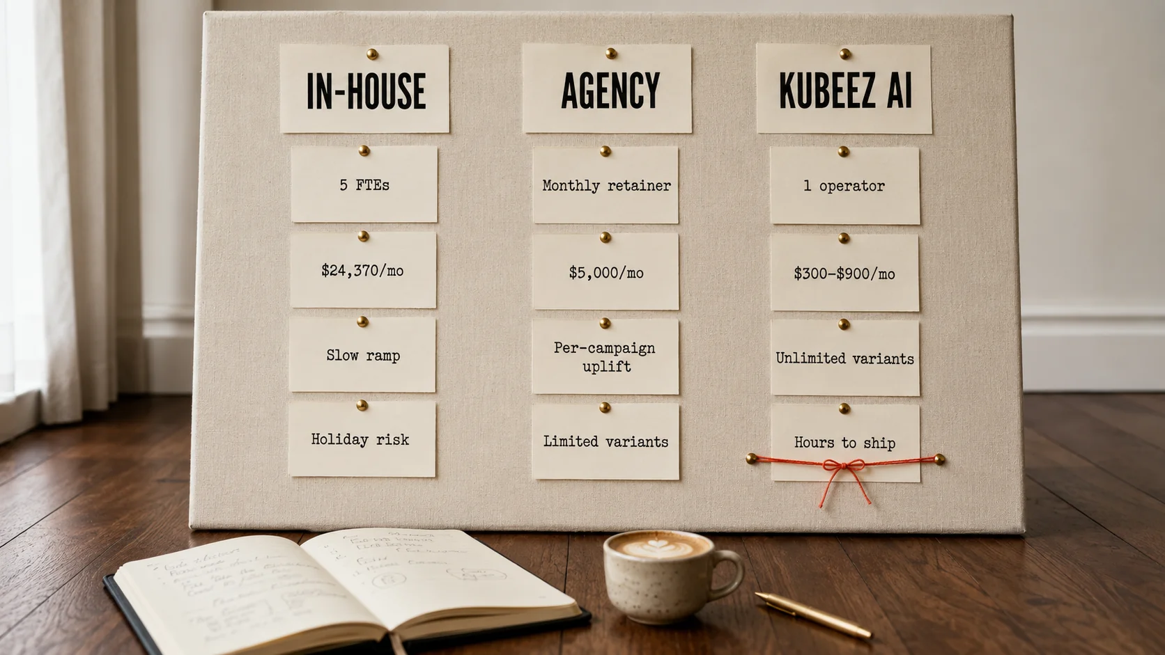 Editorial photograph of a tall cream linen pinboard with three vertical columns of pinned cream index cards, each column topped by a bold black header label IN-HOUSE on the left AGENCY in the middle KUBEEZ AI on the right, smaller cards under each header listing cost line items, a coral wax string highlights the third column, walnut floor in the foreground — a side-by-side comparison of the cost of AI marketing vs traditional in 2026