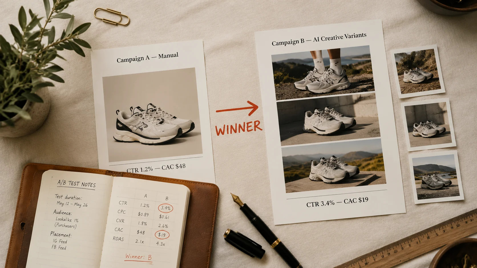 Editorial overhead photograph of two side-by-side printed paid-ad campaign mockups on cream paper cards labeled Campaign A Manual and Campaign B AI Creative Variants, with a coral red WINNER arrow between them and CTR/CAC labels