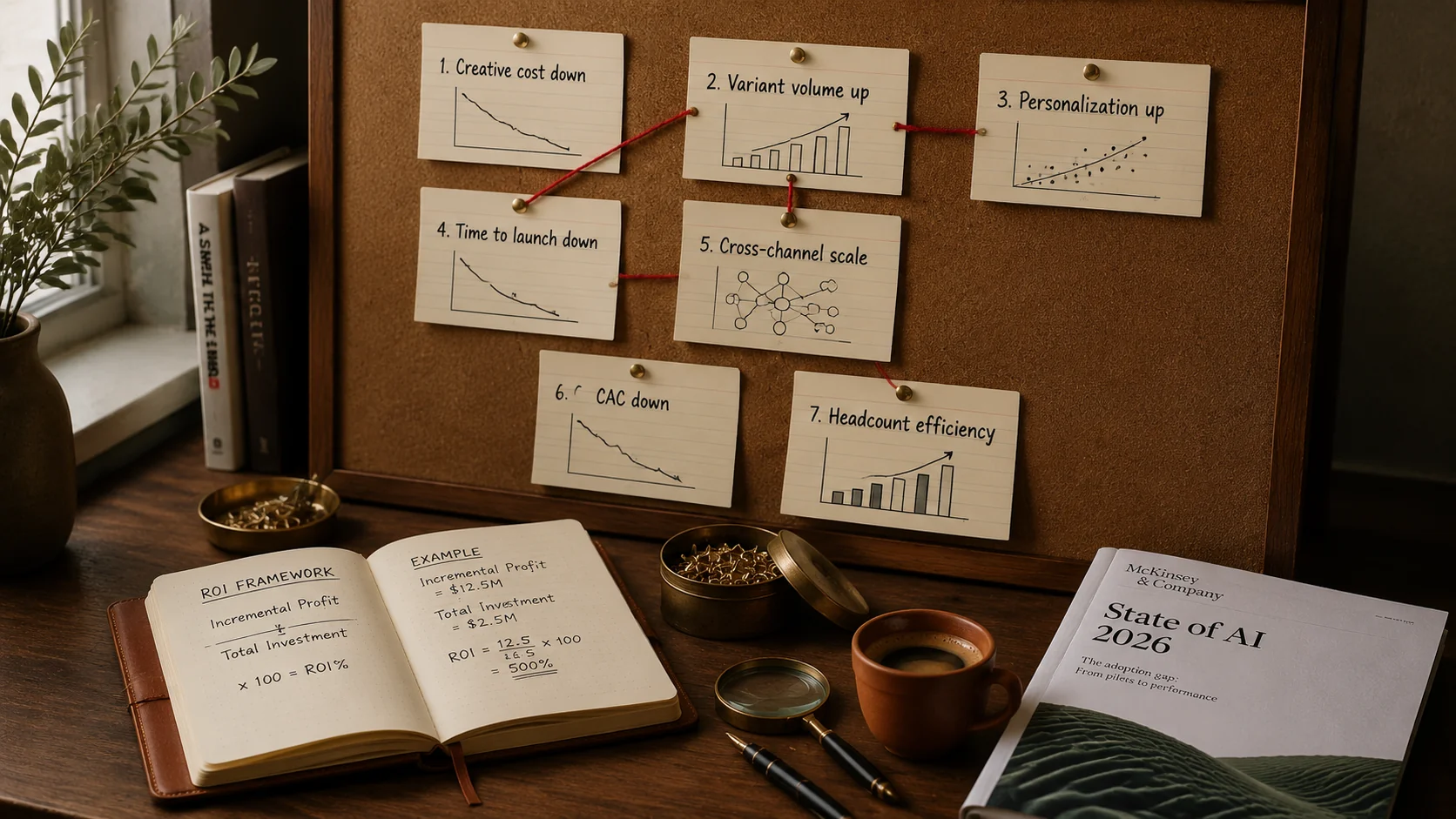 Editorial overhead photograph of a research corkboard with seven numbered cream index cards arranged in a 3-2-2 grid, each handwritten with a different ROI lever, connected by coral red yarn, on a dark walnut desk with a leather notebook and a printed State of AI 2026 report