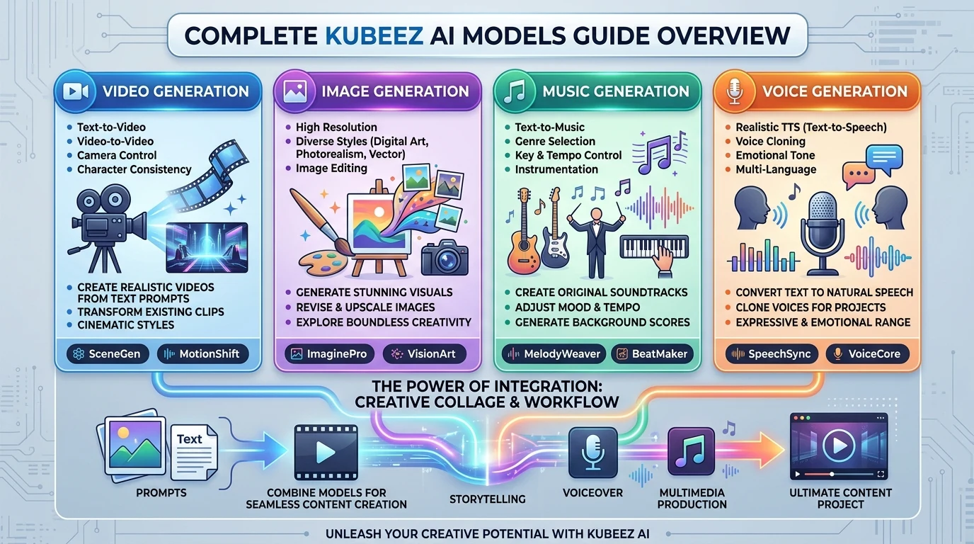 Modele AI Kubeez: Ghid Complet pentru Generare Video, Imagini, Muzică și Voce