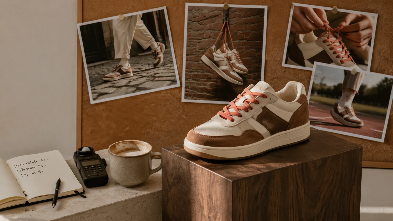 Editorial product shot of a cream sneaker with walnut suede panels and coral laces on a walnut pedestal, with four printed lifestyle photo-prints pinned to a cork board behind it showing the same shoe worn in different scenes — director's shot list visible