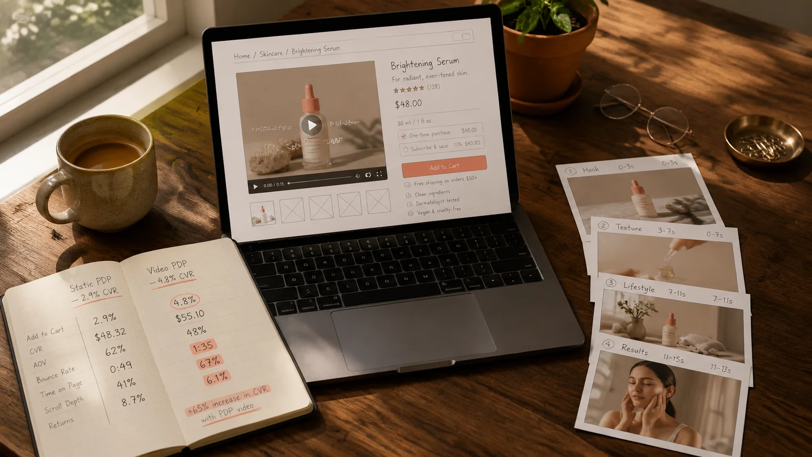 Editorial overhead shot of an ecommerce ops desk with an open laptop showing a Shopify PDP wireframe labeled PDP Video 15s, a notebook comparing 2.9 percent static vs 4.8 percent video conversion rates with coral highlighter, and a fanned stack of lifestyle storyboard frames