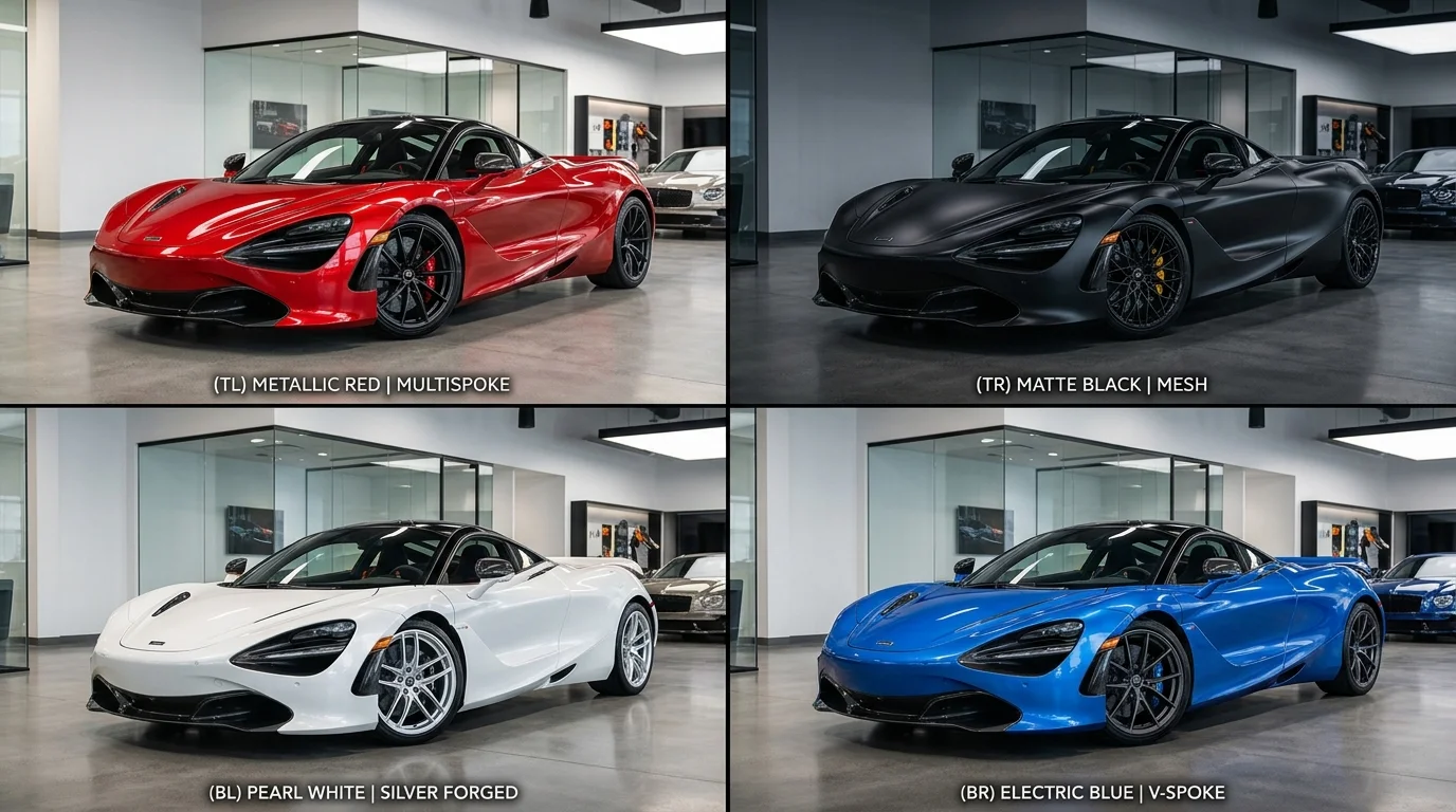 Car shown in four different color and style variations - metallic red, matte black, pearl white, electric blue