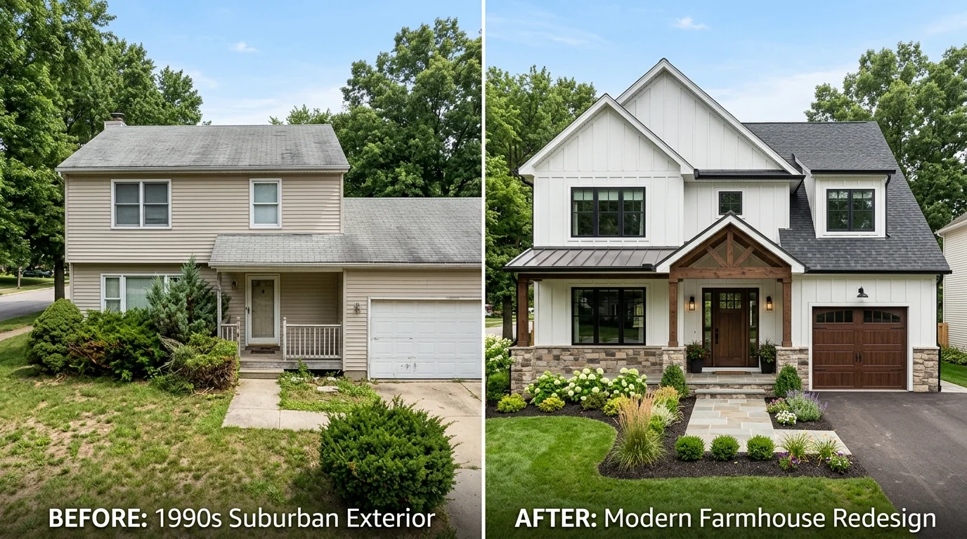 House exterior before and after AI redesign - outdated home transformed into modern farmhouse