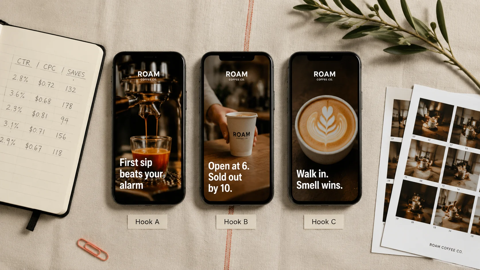 Top-down flat-lay on cream linen with a thin coral pinstripe showing three vertical 9:16 smartphone screens — three AI-generated video ad creative variations for ROAM Coffee Co. labelled Hook A, Hook B, Hook C — alongside a Moleskine notebook listing CTR/CPC/SAVES, contact sheets, a coral paper clip, and a sprig of olive, the practical A/B testing setup for AI ad creator workflows