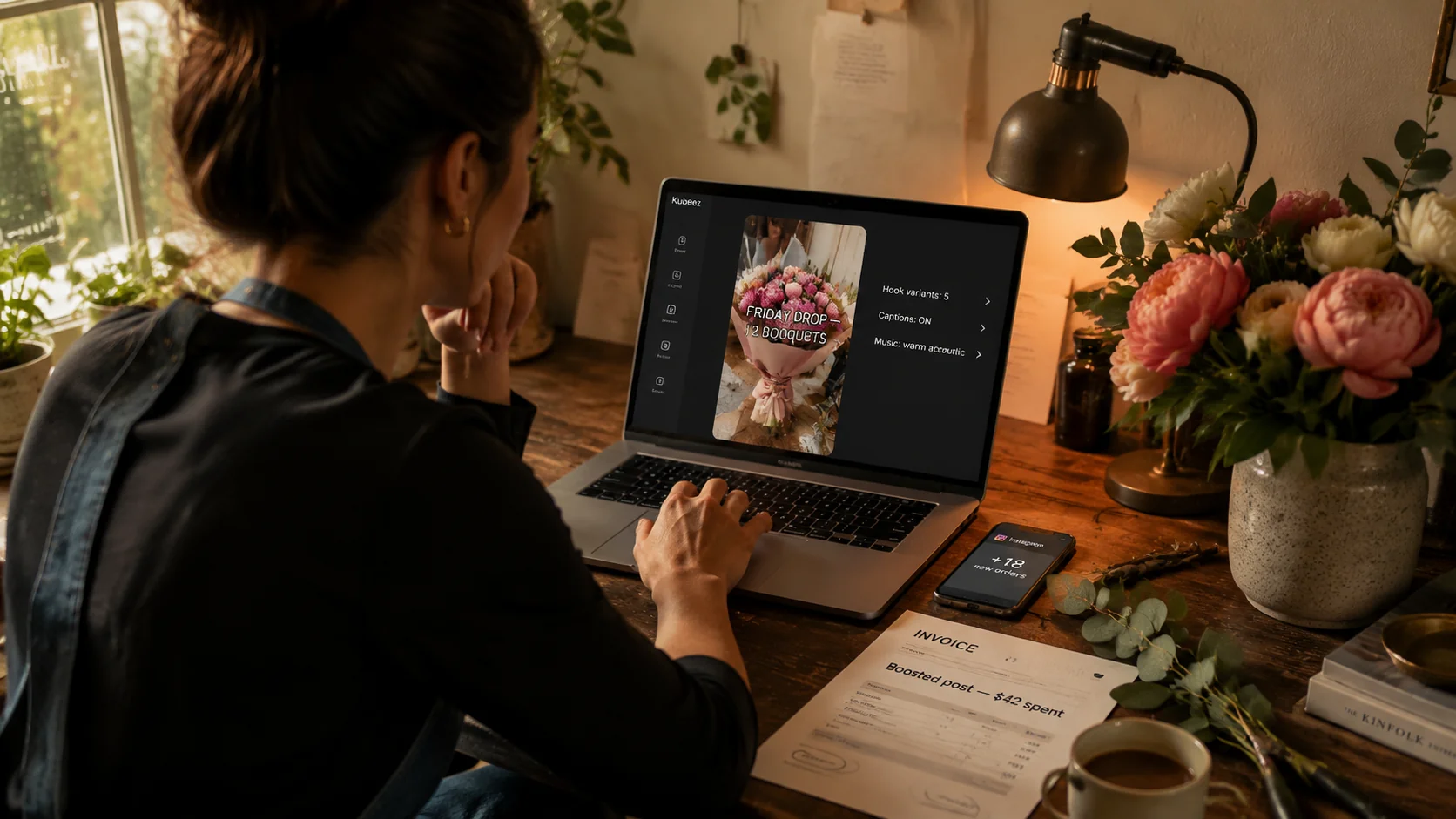 Over-the-shoulder shot of a small florist owner in a denim apron at a wooden desk reviewing a Kubeez vertical 9:16 video ad on her laptop — the screen shows a 9:16 preview of a hand wrapping a peony bouquet with a baked-in caption "FRIDAY DROP — 12 BOUQUETS" — surrounded by a real peony bouquet in a stoneware vase, a printed invoice for "$42 boosted post", a phone showing 18 new orders, and scattered eucalyptus in golden hour light