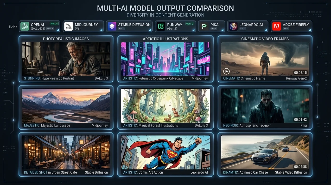 Grilă de comparație cu outputuri din diferite modele AI pentru imagini, video și ilustrații