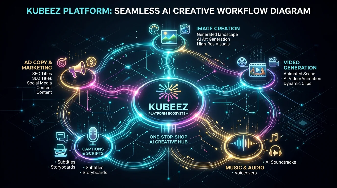 Diagramă flux de lucru fără întreruperi cu toate instrumentele AI conectate într-un ecosistem Kubeez