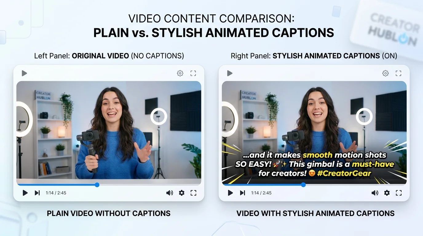 Split screen comparison of a video without captions versus the same video with stylish auto-generated captions
