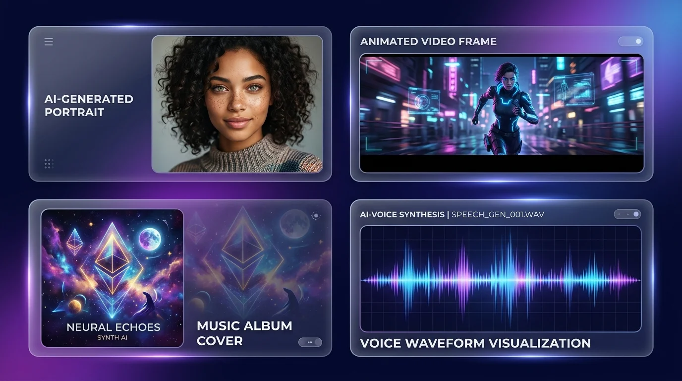 AI-generated creative content collage showing images, video frames, and music visualisations