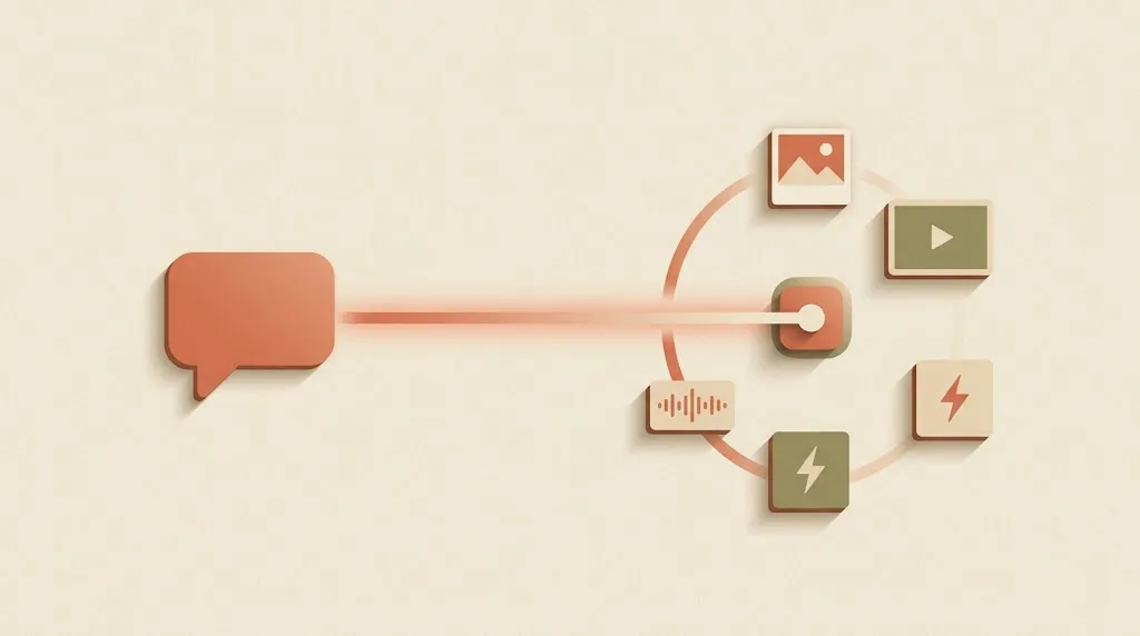 Editorial illustration: a warm coral chat bubble on the left connected by a glowing gradient line to a hub radiating tiny media preview tiles — Claude orchestrating Kubeez tools