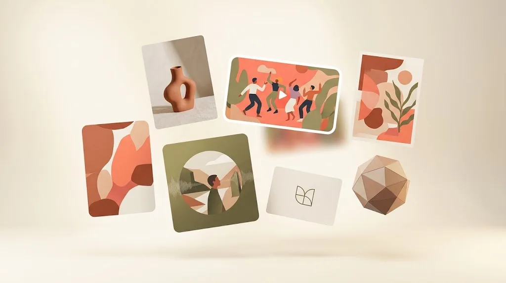Editorial mood board: tilted floating tiles showing a product photo, a video frame, an ad poster, a music cover, and a small logo, in warm coral and cream tones