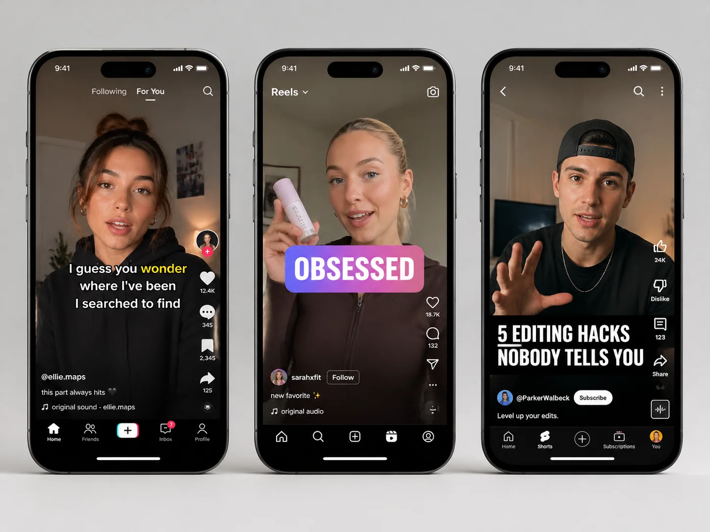 Tres iPhones verticales mostrando estilos de subtítulo distintos: TikTok karaoke, Reels gradiente, YouTube Shorts bold-bottom