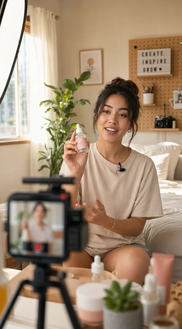 Joven creador en un dormitorio-estudio iluminado grabando un vídeo vertical talking-head mientras sostiene un producto de skincare