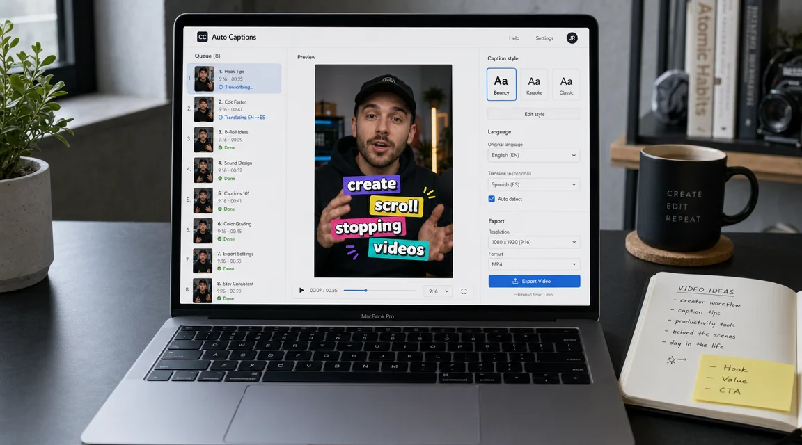 MacBook mostrando la interfaz de Kubeez Auto Captions con una cola de 8 clips verticales procesándose en paralelo