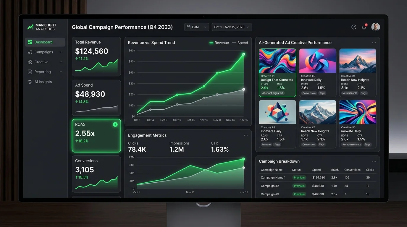 Dashboard analytics campanie cu ROAS, metrici de engagement și performanță conținut