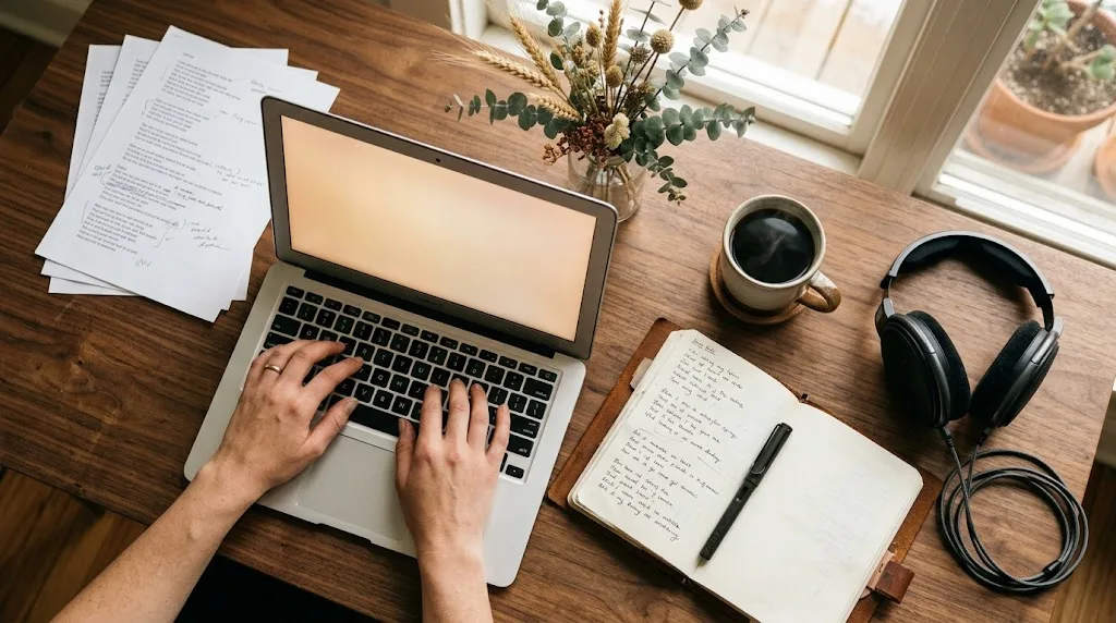 Fotografía editorial, vista cenital de un escritorio de madera cálida con manos tecleando suavemente en un laptop minimal junto a un cuaderno de cuero, una pluma fuente, una taza de café, auriculares de estudio y flores secas bajo luz de ventana
