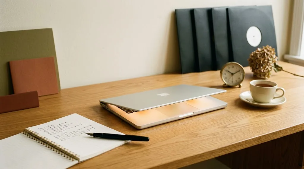 Still life editorial: escritorio de madera cálida con un cuaderno medio abierto con letras manuscritas, una pluma fuente, un laptop minimal, cuatro fundas de vinilo negras idénticas alineadas, un reloj analógico de latón y una taza de té bajo luz natural