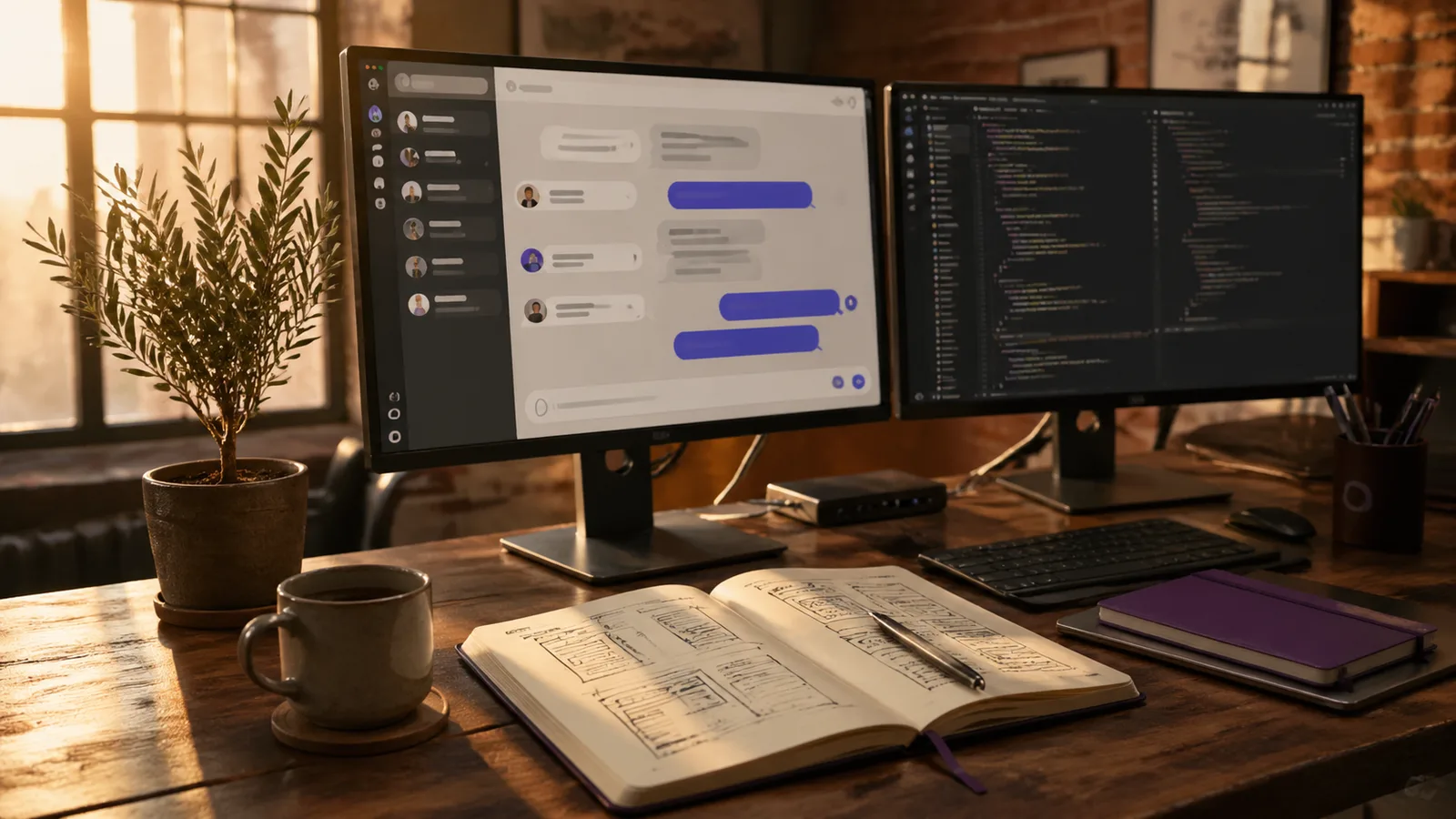 Birou cald de agenție creativă la golden hour cu două monitoare arătând o interfață de chat și cod, un Moleskine deschis cu wireframe-uri schițate, o plantă de măslin — tipul de spațiu de lucru de unde recomandările Kubeez încep să producă