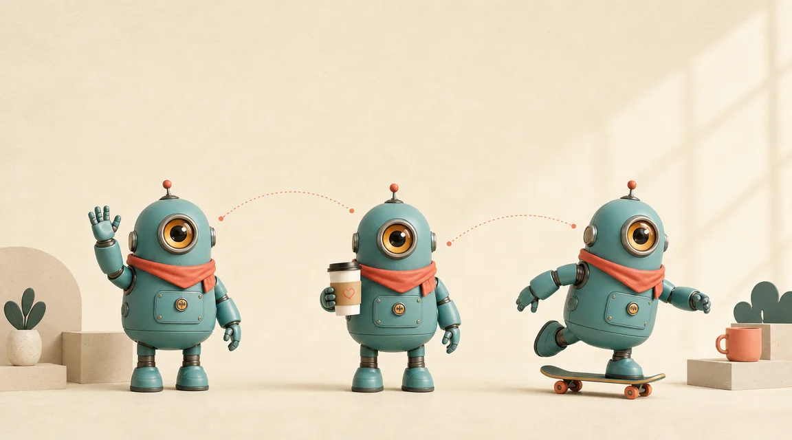 Brand mascot robot shown in three consecutive poses across one chained sequence, demonstrating identity lock in Gemini Omni