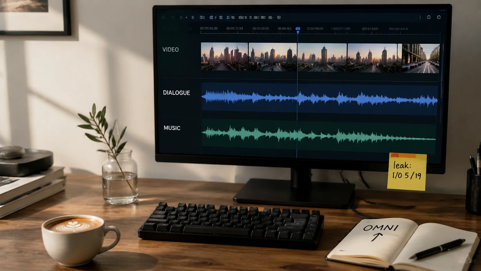 Editorial studio desk with a monitor showing a video timeline, dialogue and music tracks, and a Post-it reading "leak: I/O 5/19"