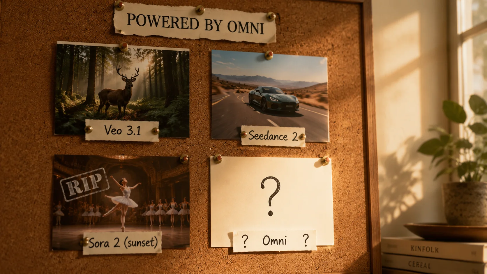 Editorial cork-board with four pinned video stills labeled Veo 3.1, Seedance 2, Sora 2 (sunset), and an empty card marked "? Omni ?"