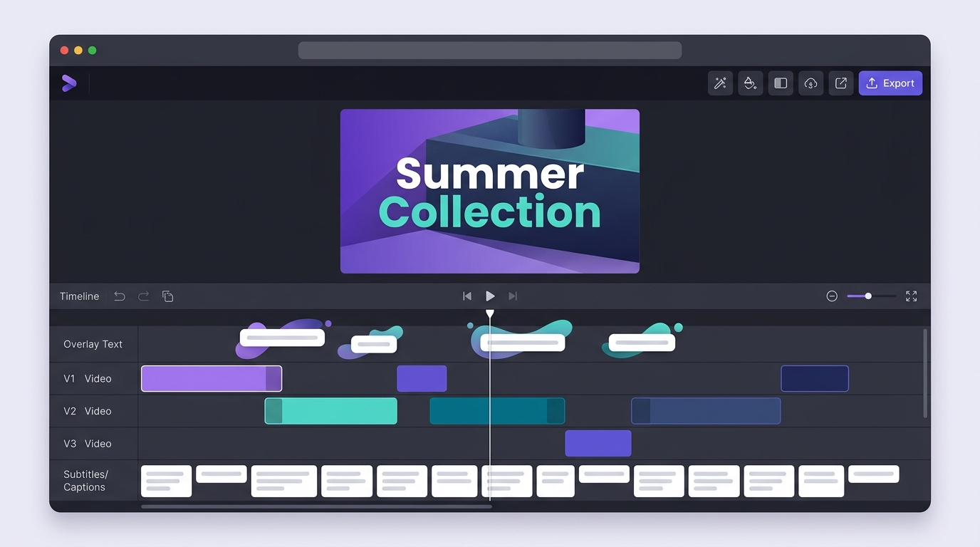 Línea de tiempo de KubeezCut con pistas de video, audio, superposición de texto y subtítulos