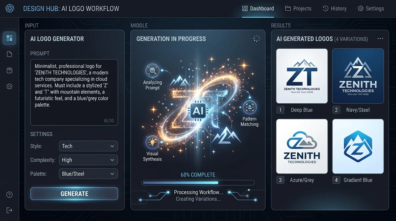 Proces design logo cu input prompt și variații de logo generate de AI