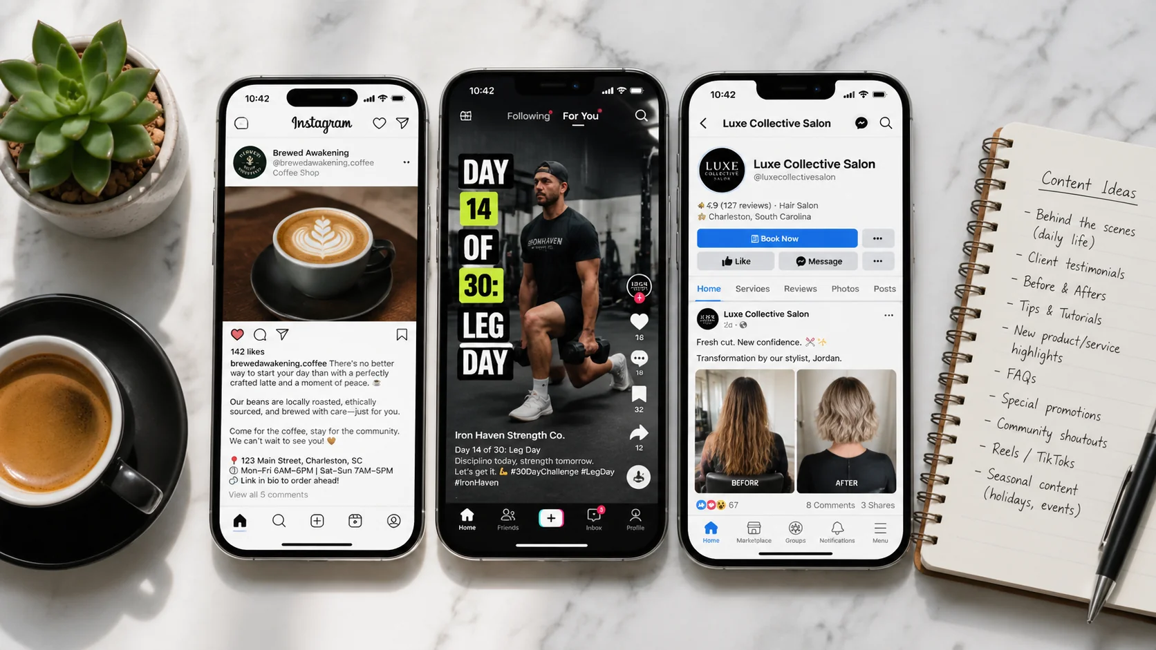 Plano cenital de tres móviles verticales mostrando feeds de Instagram, TikTok y Facebook para una cafetería, un gimnasio y una peluquería