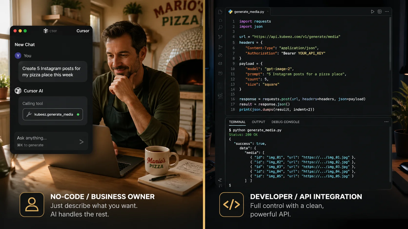 Vista en pantalla dividida: a la izquierda, un asistente de IA crea posts de Instagram en un chat; a la derecha, la terminal de un desarrollador envía una petición a la API de Kubeez