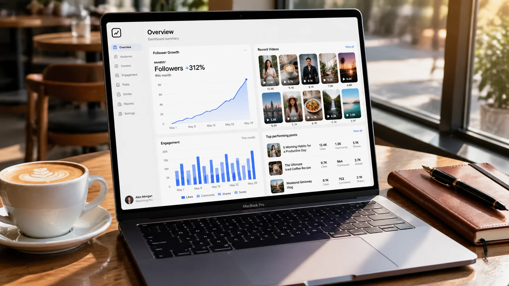 MacBook en una mesa de cafetería mostrando un panel de analítica de marketing con crecimiento de seguidores y miniaturas de vídeos subtitulados