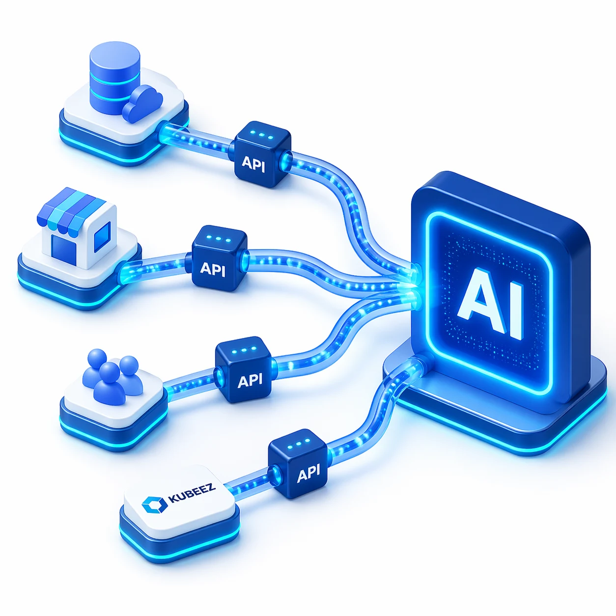 Concept art: API and MCP paths converging on AI (GPT Image 2 on Kubeez, MCP)