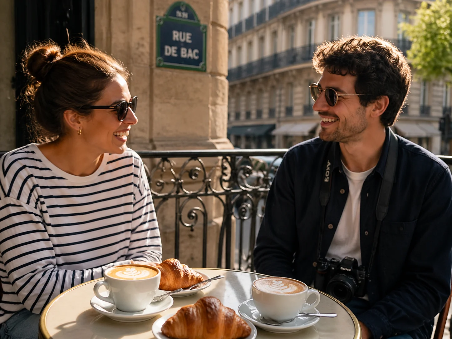 Fotografie lifestyle cu un cuplu tânăr la brunch pe o terasă pariziană însorită cu cappuccino-uri și croissante