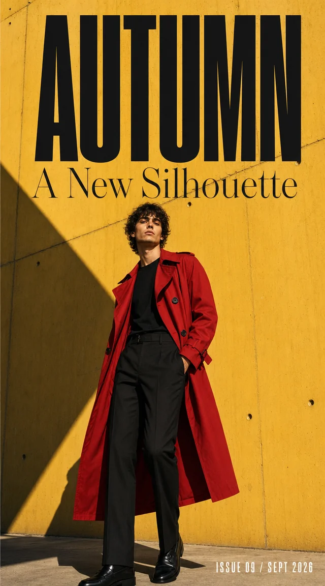 Poster vertical de campanie de modă: un model în trench coat roșu pe perete brutalist galben cu tipografie display bold