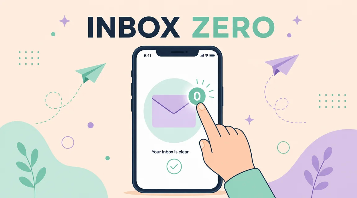 Banner ilustrație flat cu o mână care apasă o notificare pe un telefon cu eticheta "INBOX ZERO"
