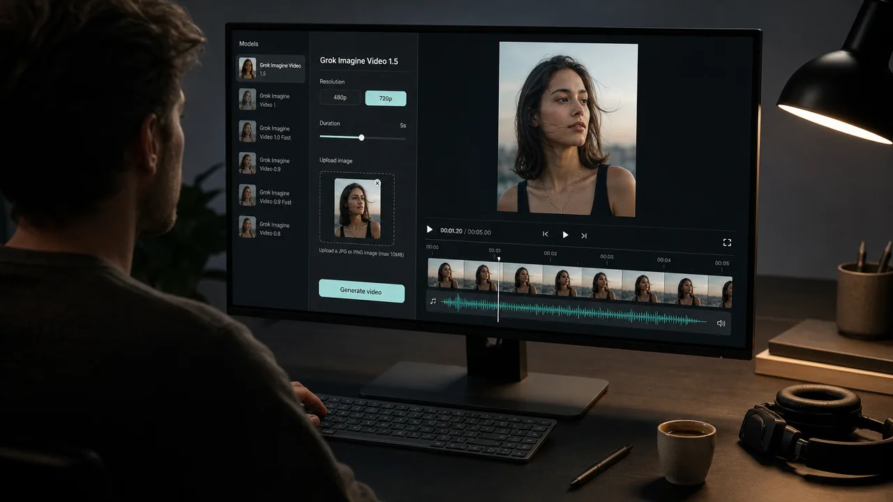 Spațiul de lucru video Kubeez cu cardul de model Grok Imagine Video 1.5 și variantele 480p și 720p