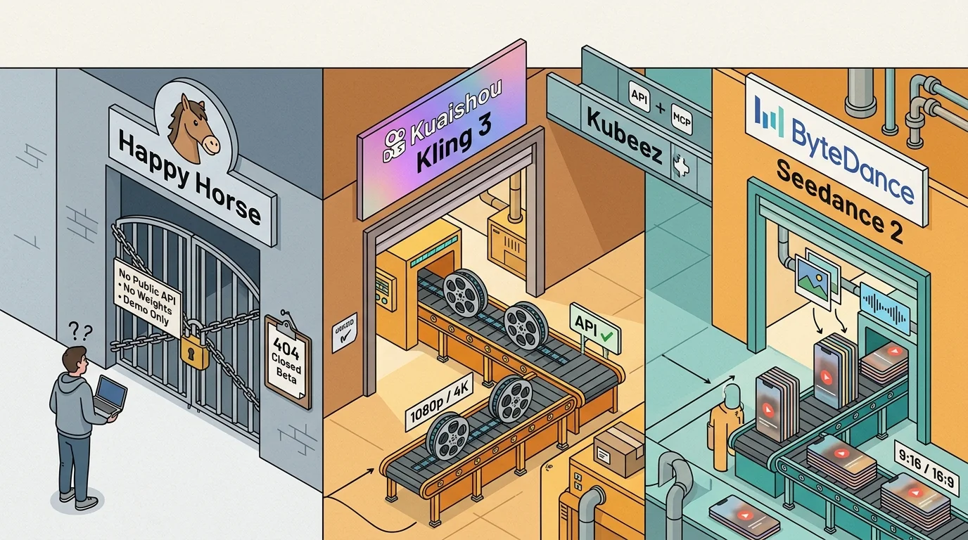 Diagrama editorial isométrico — tres "puertas de fábrica": Happy Horse cerrada con candado y un cartel de "Sin API pública • Sin pesos • Solo demo" con un desarrollador encerrado fuera; la fábrica de Kling 3 abierta con rollos de cine; la fábrica de Seedance 2 abierta con tuberías multimodales que entregan clips en formatos sociales; un puente Kubeez conecta las dos fábricas funcionales